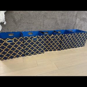 Set of 5 blue and gold canvas storage bins